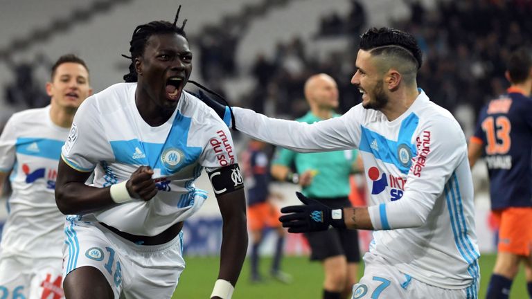 Marseille forward Bafetimbi Gomis celebrates 