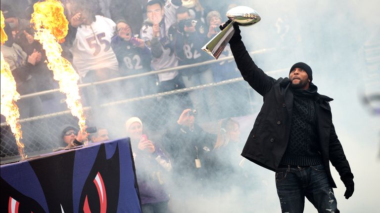 BALTIMORE, MD - FEBRUARY 05: Linebacker Ray Lewis #52 of the Baltimore Ravens celebrates with The Vince Lombardi Trophy as he and teammates celebrate durin