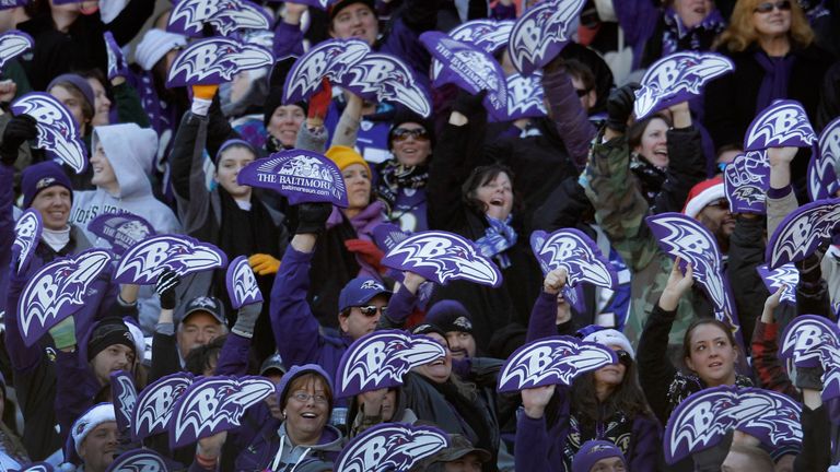 BALTIMORE, MD - DECEMBER 24: Baltimore Ravens fans hold up foam logos during the second half against the Cleveland Browns at M&T Bank Stadium on December 2