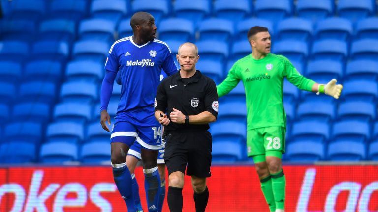 Souleymane Bamba of Cardiff City complains to the referee after Fulham score their second goal