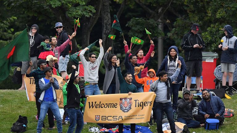 Bangladesh fans celebrate wicket of New Zealand's Mitchell Santner in Christchurch
