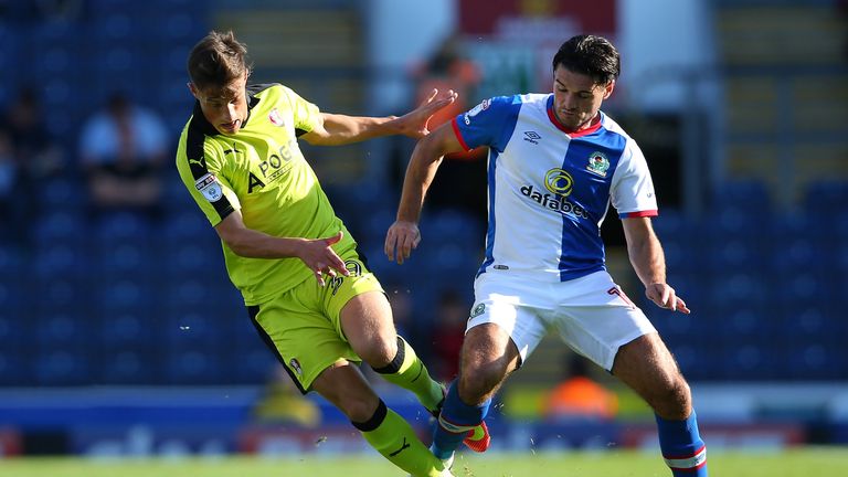 Ben Marshall (R) tackles Jerry Yates during the Sky Bet Championship match between Rotherham and Blackburn Rovers