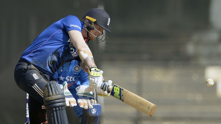 England XI batsman Ben Stokes plays a shot during the second warm-up one day cricket match between India A and England XI at the Cricket Club of India (CCI