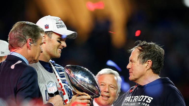 The star quarterback celebrates a fourth Super Bowl win with Belichick after their thrilling win over Seattle