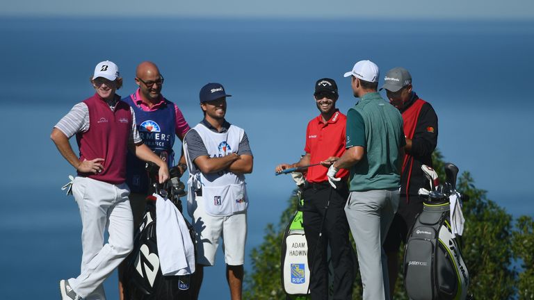 SAN DIEGO, CA - JANUARY 28:  The group of Brandt Snedeker; Adam Hadwin of Canada and Justin Rose of England waitt to tee off during the third round of the 