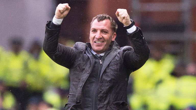 Celtic boss Brendan Rodgers celebrates his team's win at Ibrox