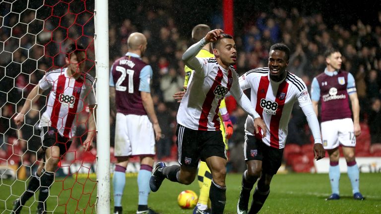 BRENTFORD, ENGLAND - JANUARY 31:  Nico Yennaris of Brentford celebrates scoring his team's second goal during the Sky Bet Championship match between Brentf