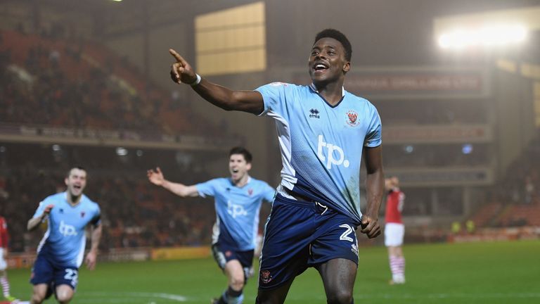 BARNSLEY, ENGLAND - JANUARY 17: Bright Osayi-Samuel of Blackpool celebrates scoring to make it 2-1 during the The Emirates FA Cup Third Round Replay betwee