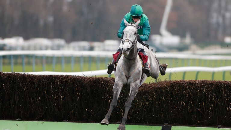 Daryl Jacob riding Bristol De Mai clear the last to comfortably win the Peter Marsh Handicap Steeple Chase  at Haydock 