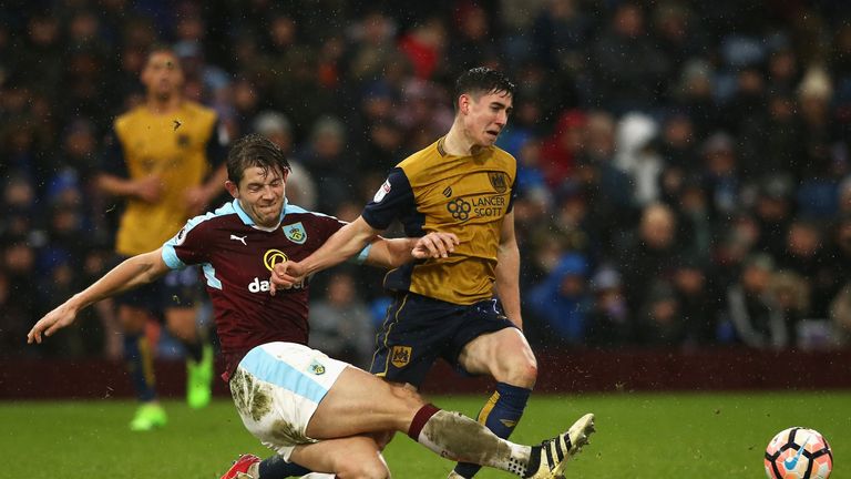 BURNLEY, ENGLAND - JANUARY 28: James Tarkowski of Burnley and Callum O'Dowda of Bristol City compete for the ball during the Emirates FA Cup Fourth Round m