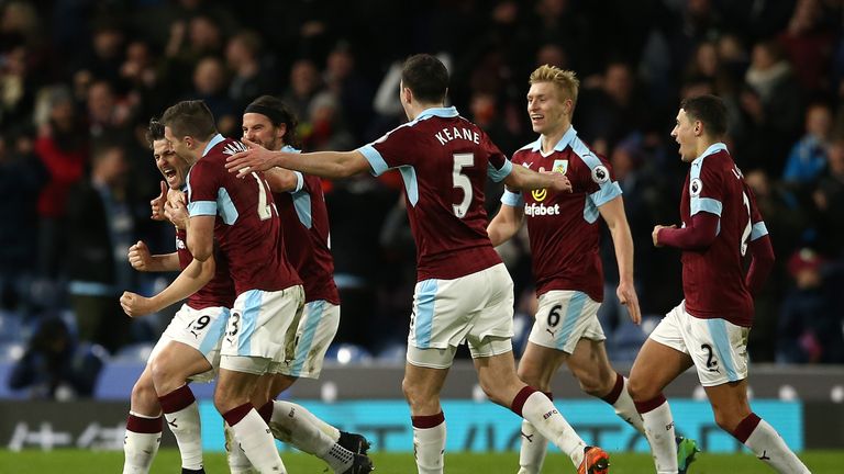 BURNLEY, ENGLAND - JANUARY 14:  Joey Barton of Burnley celebrates his goal with team mates during the Premier League match between Burnley and Southampton 