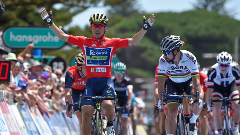 Australia's Caleb Ewan (L) from Orica wins stage three of the Tour Down Under cycling race from Glenelg to Victor Harbour near Adelaide on January 19, 2017