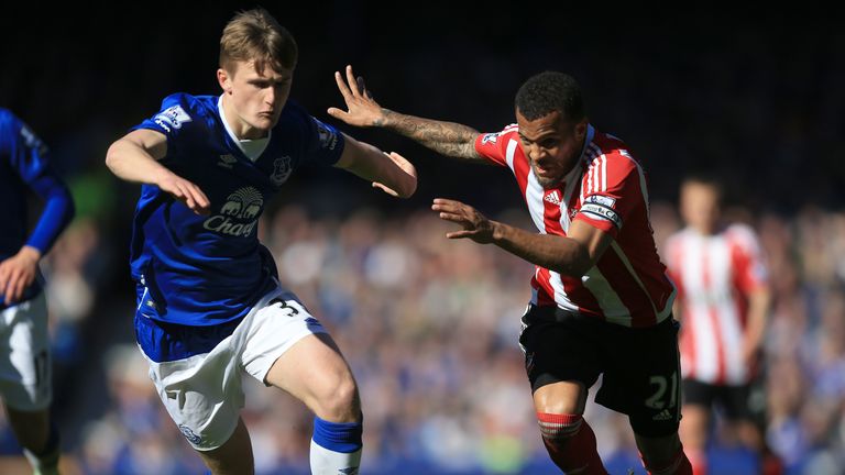 Everton's Callum Connolly (left) and Southampton's Ryan Bertrand battle for the ball during the Barclays Premier League match at Goodison Park, Liverpool.