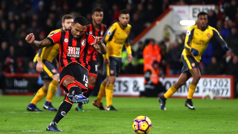 Callum Wilson converts the penalty to score his side's second goal against Arsenal