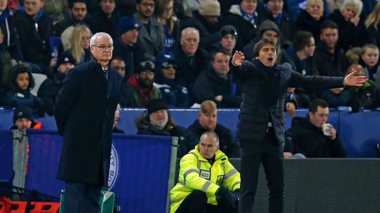 Leicester City's Italian manager Claudio Ranieri (L) and Chelsea's Italian head coach Antonio Conte (R) watch from the touchline during the English Premier