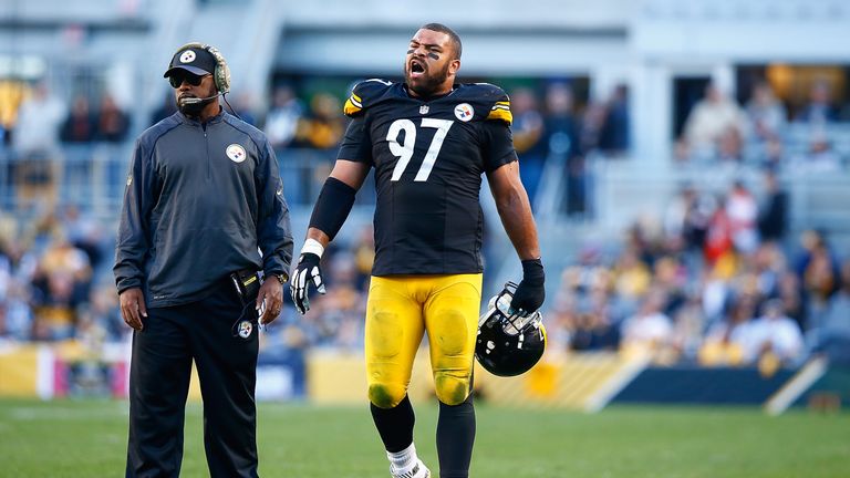 PITTSBURGH, PA - NOVEMBER 15: Cameron Heyward #97 of the Pittsburgh Steelers reacts after Head Coach Mike Tomlin challenges a ball spot during the 4th quar
