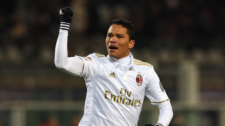 Carlos Bacca of AC Milan celebrates after scoring a penalty against Torino