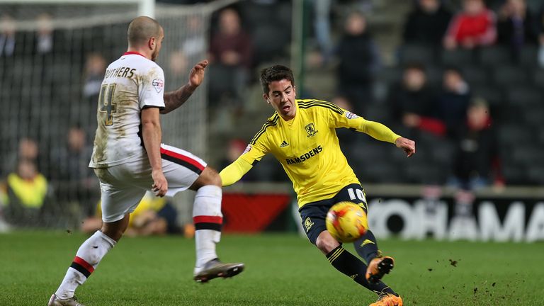 MILTON KEYNES, ENGLAND - FEBRUARY 09:  Carlos De Pena of Middlesbrough plays the ball past Samir Carruthers of Milton Keynes Dons during the Sky Bet Champi