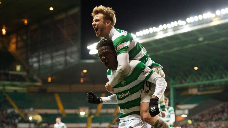 Celtic's Dedryck Boyata (left) celebrates his goal with Stuart Armstrong