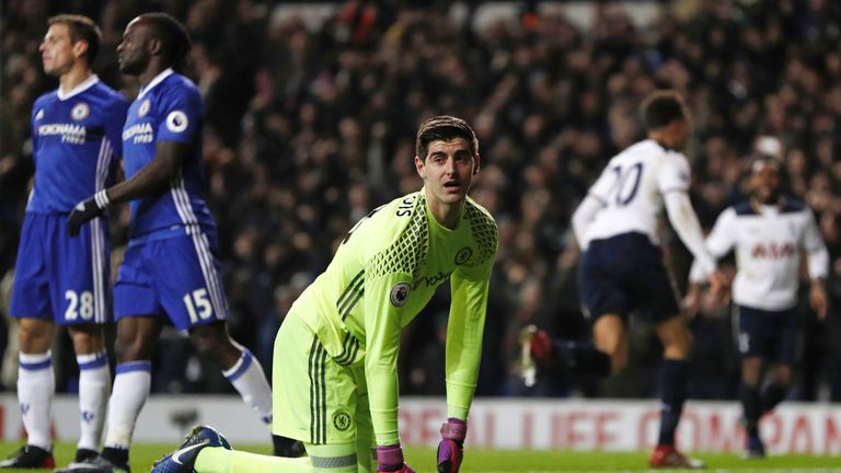 Thibaut Courtois looks dejected after he's beaten by Dele Alli's looping header