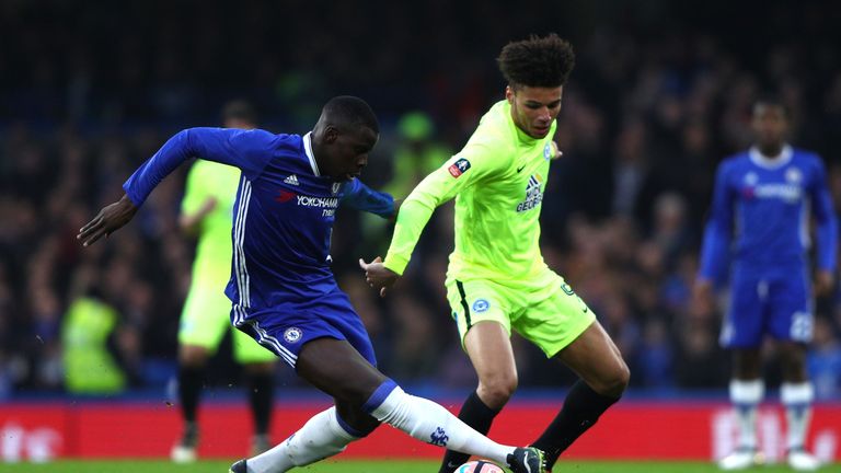 LONDON, ENGLAND - JANUARY 08: Lee Angol of Peterborough United (R) and Kurt Zouma of Chelsea (L) battle for possession during The Emirates FA Cup Third Rou