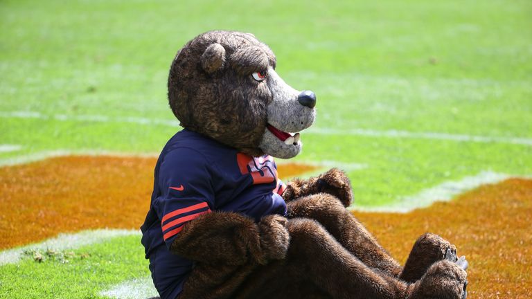 CHICAGO, IL - SEPTEMBER 13:  Staley Da Bear mascot sits in the endzone during the game between the Chicago Bears and the Green Bay Packers at Soldier Field