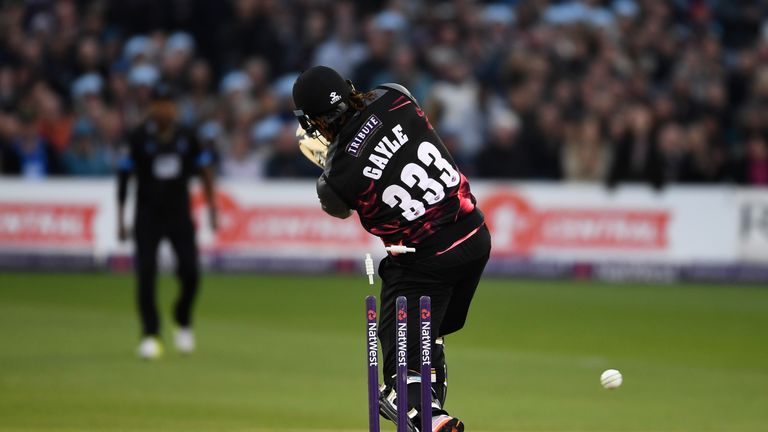 HOVE, ENGLAND - JUNE 01:  Chris Gayle of Somerset is bowled by Tymal Mills of Sussex during the NatWest T20 Blast between Sussex and Somerset at The 1st Ce