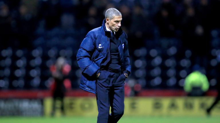 Brighton and Hove Albion's manager Chris Hughton shows his dejection at the end of the Sky Bet Championship match at Deepdale, Preston.