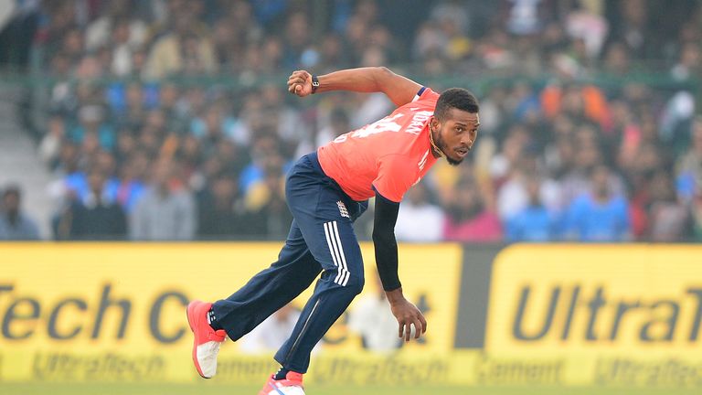 Englands bowler Chris Jordan bowls during the first T20 cricket match between India and England at Green Park Stadium in Kanpur on January 26, 2017. IMAGE 