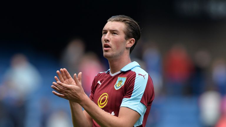 GLASGOW, SCOTLAND - JULY 30: Chris Long of Burnley  applauds the traveling Burnley fans during a pre-season friendly between Rangers FC and Burnley FC at I