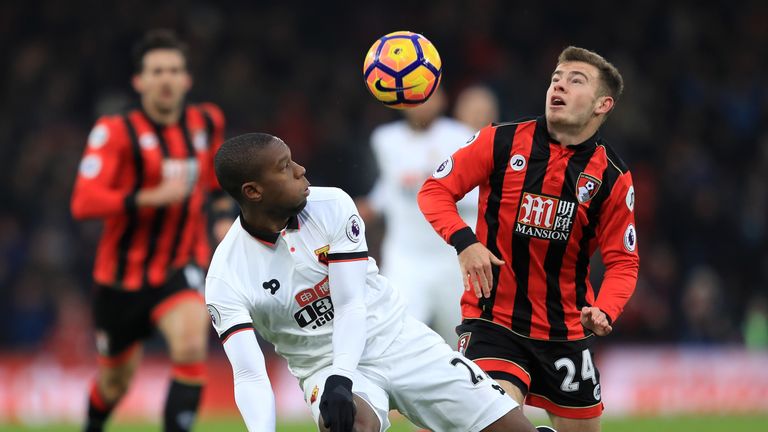 BOURNEMOUTH, ENGLAND - JANUARY 21: Christian Kabasele of Watford (L) and Ryan Fraser of AFC Bournemouth (R) battle for possession during the Premier League