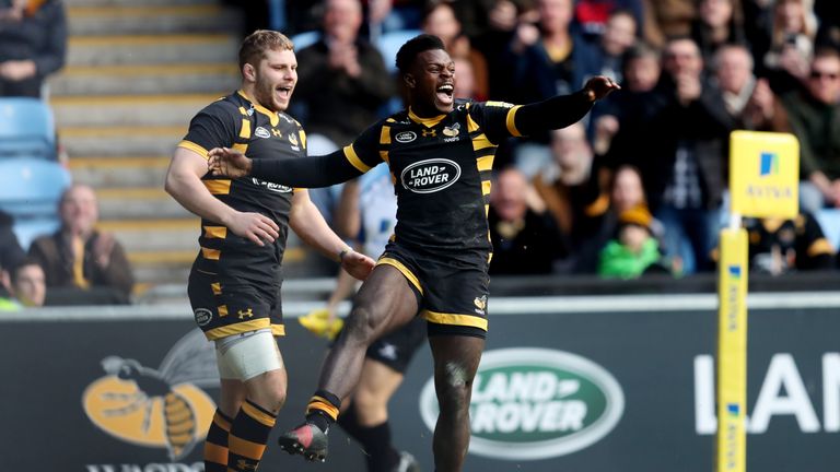 Wasps' Christian Wade celebrates scoring their first try 