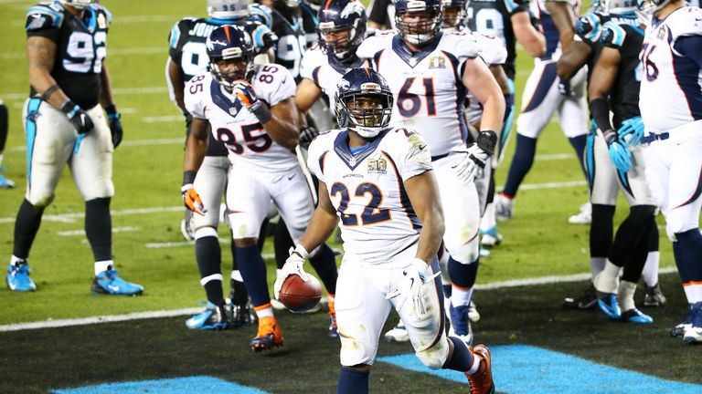 SANTA CLARA, CA - FEBRUARY 07:  C.J. Anderson #22 of the Denver Broncos celebrates after scoring a 2-yard touchdown in the fourth quarter against the Carol