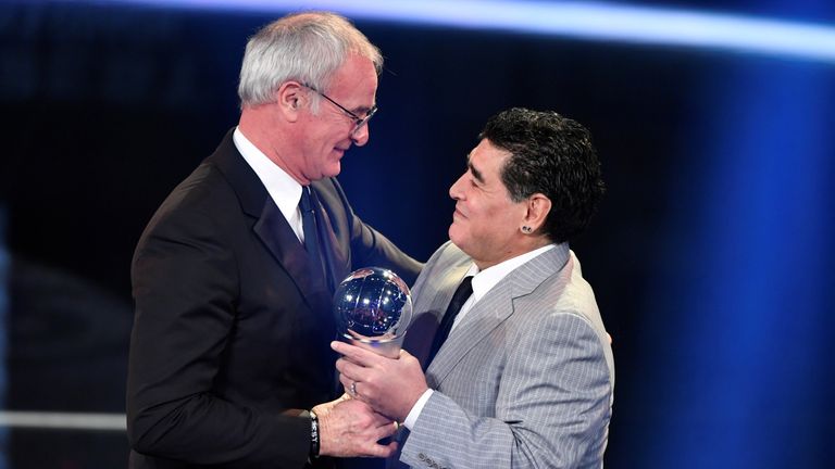 Ranieri was presented with the award by Diego Maradona