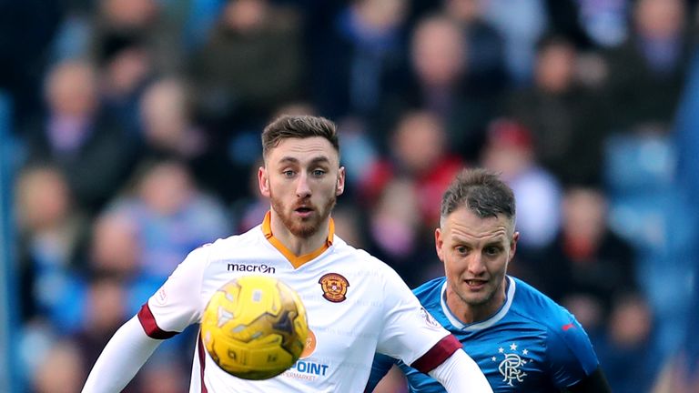 Rangers' Clint Hill (right) and Motherwell's Louis Moult battle for the ball during the Ladbrokes Scottish Premiership match at the Ibrox Stadium, Glasgow.