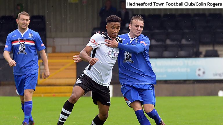 Cohen Bramall in action for Northern Premier club Hednesford Town (credit: Hednesford Town Football Club/Colin Rogers)