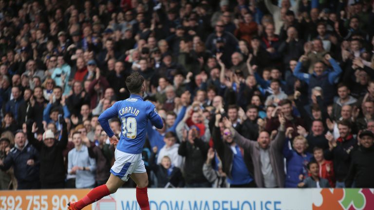 Conor Chaplin of Portsmouth celebrates after scoring