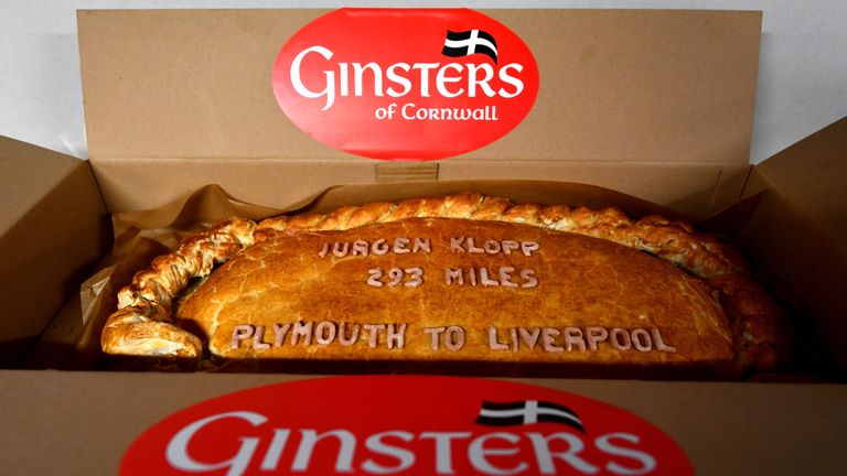 PLYMOUTH, ENGLAND - JANUARY 18:  A Giant Cornish pasty made for Jurgan Klopp by the Plymouth Argyle sponsers prior to The Emirates FA Cup Third Round Repla