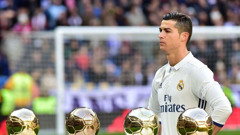 Cristiano Ronaldo pictured with his four Ballon d'Or awards