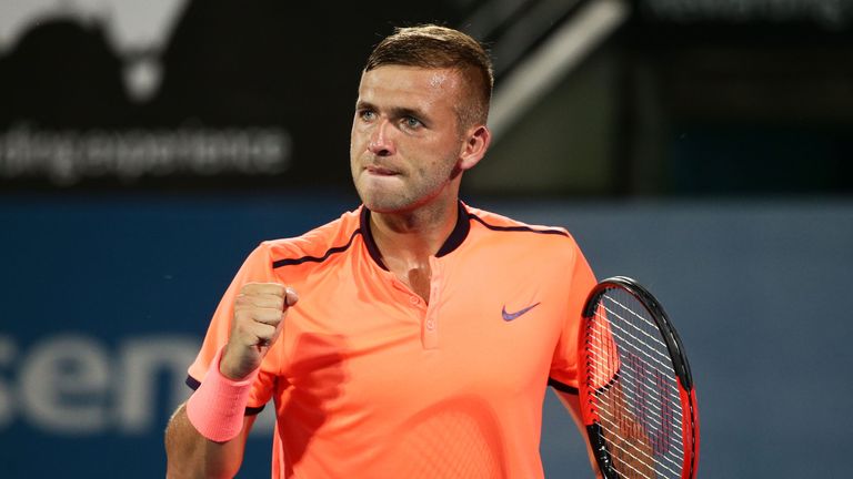 Daniel Evans is celebrating  of Great Britain celebrates a point in his semi final match against Andrey Kuznetsov of Russia during the Syd