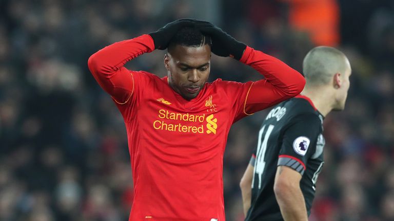 Liverpool's Daniel Sturridge rues a missed chance during the EFL Cup Semi Final, Second Leg match v Southampton at Anfield, Liverpool