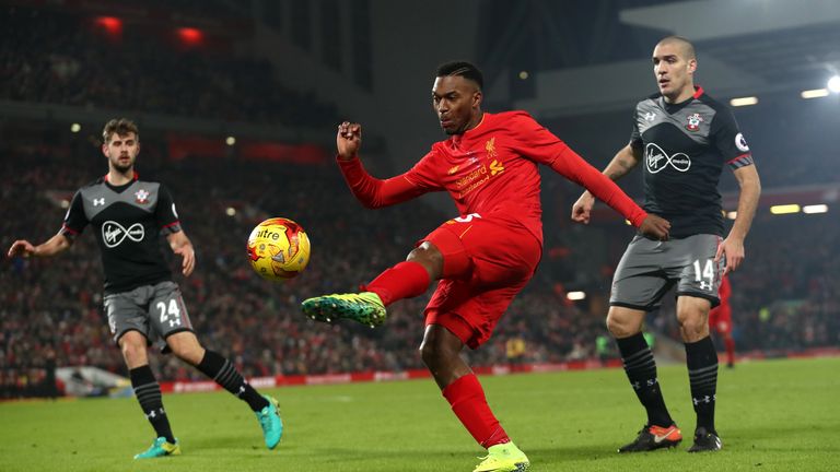 LIVERPOOL, ENGLAND - JANUARY 25:  Daniel Sturridge of Liverpool in action during the EFL Cup Semi-Final Second Leg match between Liverpool and Southampton 