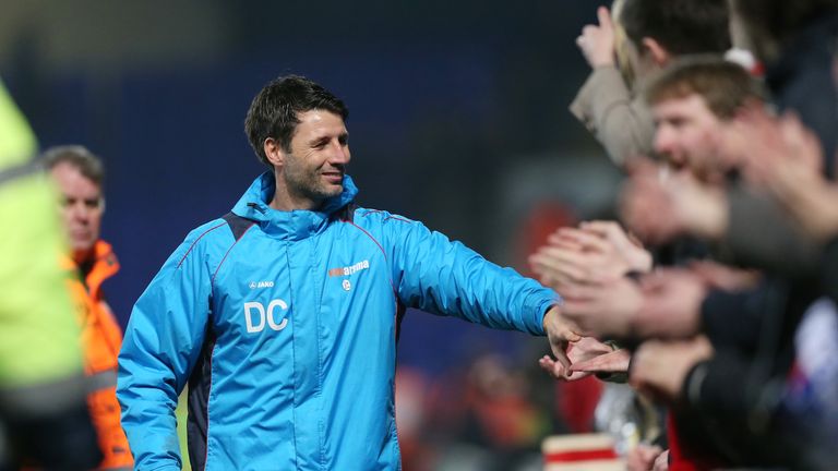 IPSWICH, ENGLAND - JANUARY 07:  Danny Cowley manager of Lincoln City celebrates with supporters during the Emirates FA Cup third round match between Ipswic