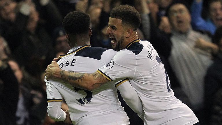 Tottenham Hotspur's English defender Danny Rose celebrates scoring his team's second goal with Tottenham Hotspur's English defender Kyle Walker