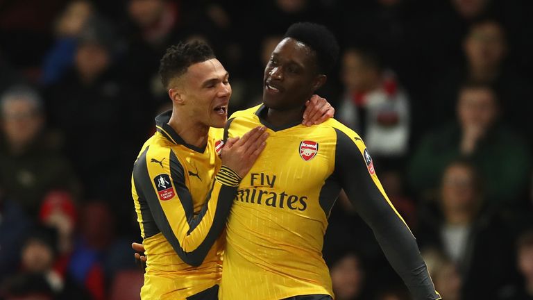 Danny Welbeck of Arsenal celebrates with Kieran Gibbs after scoring against Southampton