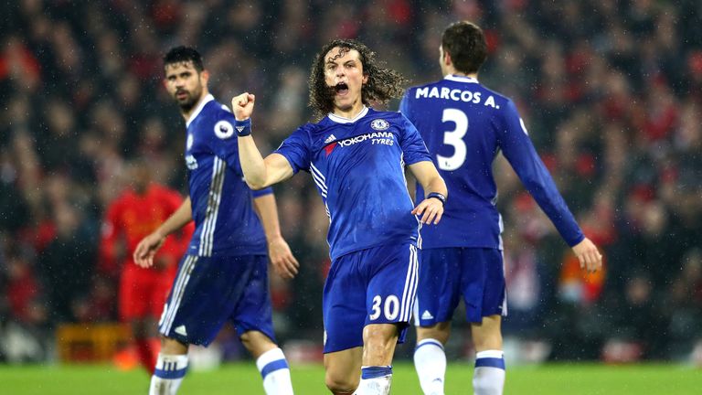 LIVERPOOL, ENGLAND - JANUARY 31:  David Luiz (C) of Chelsea celebrates scoring the opening goal during the Premier League match between Liverpool and Chels