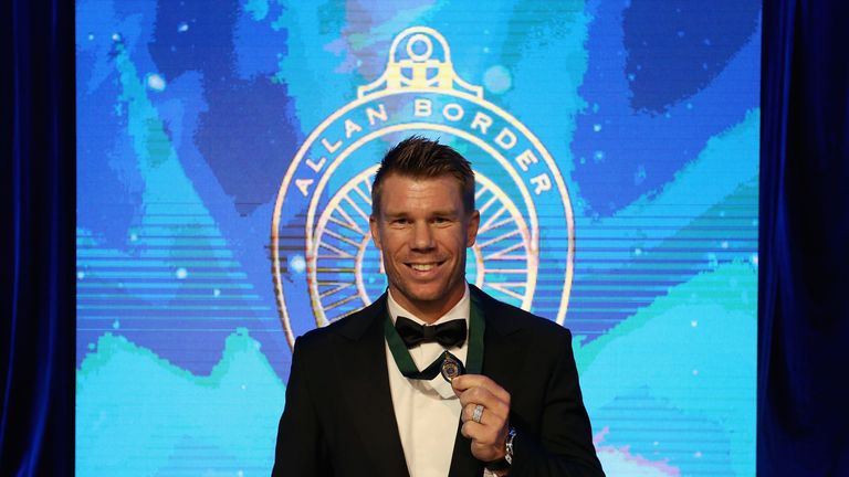SYDNEY, AUSTRALIA - JANUARY 23:  David Warner poses on stage after winning the 2017 Allan Border Medal at The Star on January 23, 2017 in Sydney, Australia