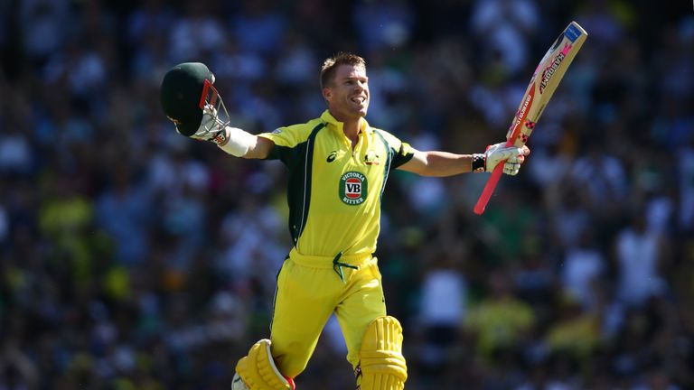 SYDNEY, AUSTRALIA - JANUARY 22:  David Warner of Australia celebrates scoring a century during game four of the One Day International series between Austra