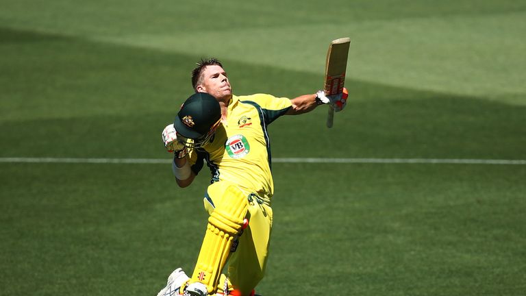 ADELAIDE, AUSTRALIA - JANUARY 26:  David Warner of Australia celebrates after reaching 100 runs during game five of the One Day International series betwee