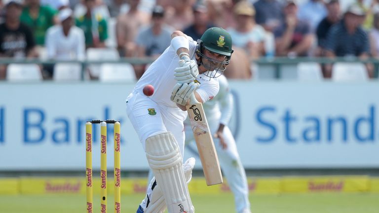 South African batsman Dean Elgar plays a shot during the second Test between South Africa and Sri Lanka on January 2, 2017, at Newlands Cricket Stadium in 